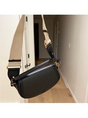 Zara Black Leather Belt Bag with Beige Strap